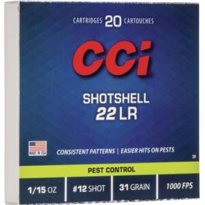 CCI Rimfire Shotshell Ammunition .22 LR 1/15 oz #12 31 gr 1000 fps 20/ct