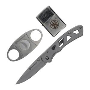 Smith & Wesson Folding Knife Cigar Cutter and Lighter Combo 3" Drop Point Blade Silver