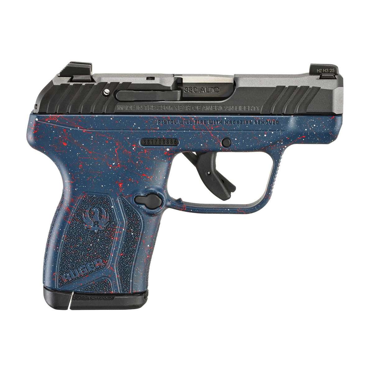 Ruger 250th Anniversary LCP Max Handgun .380 Auto 10rd Magazine 2.8" Barrel Tritium Front Sight Liberty Blue w/Splatter Grip