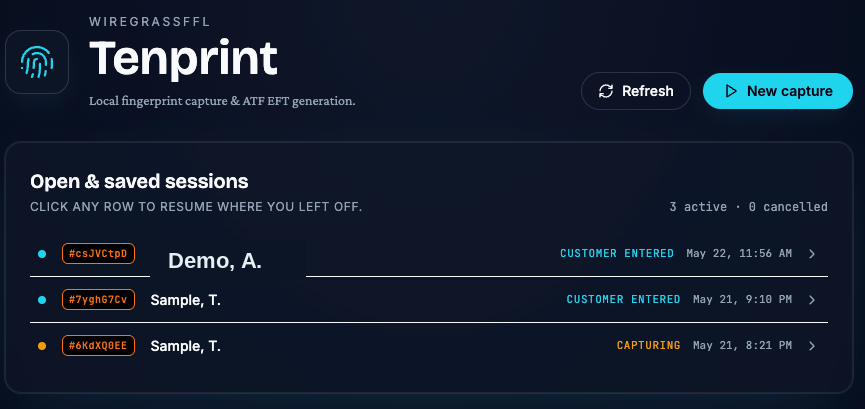 Tenprint dashboard — open & saved sessions