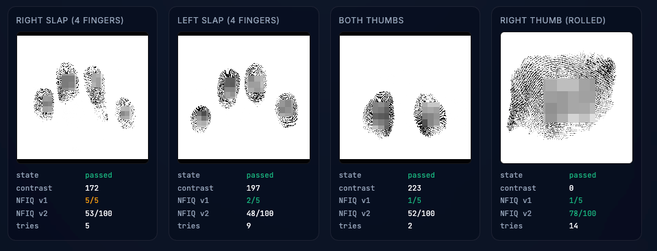 Per-finger NFIQ quality scoring with retry counts
